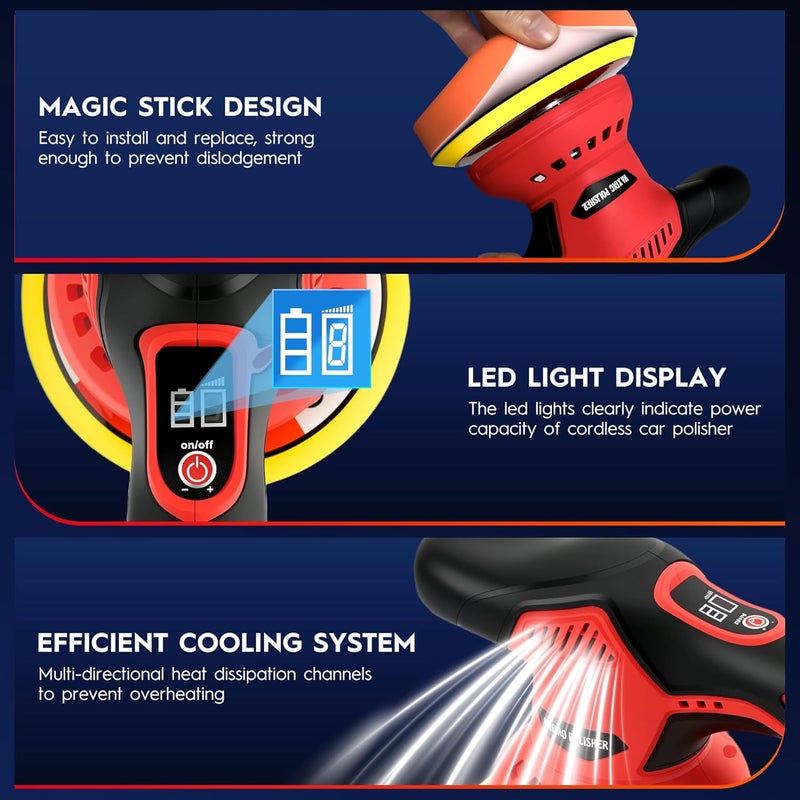 Ofeace Cordless Car Buffer Polisher Kit with 2x21V Batteries, 6 Inch Car Polisher with 8 Variable Speed Max 6000RPM & 21 PCS Attachments, Orbital Polisher for Car Detailing, Sanding,Scratch Removing - Image 4